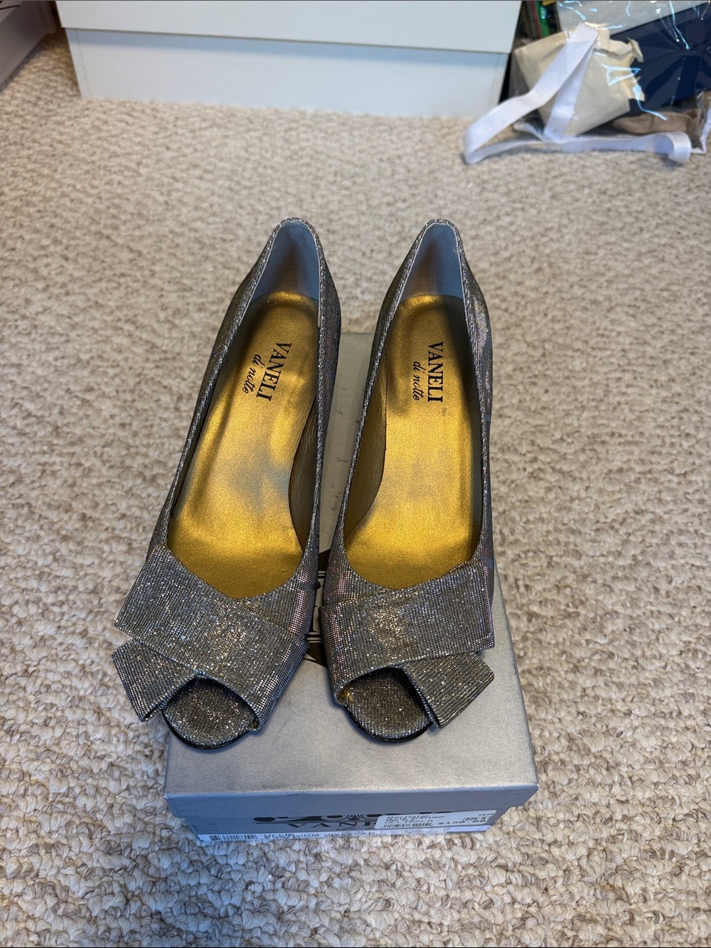 Vaneli Silver Sparkle Peep-Toe Bow Heels